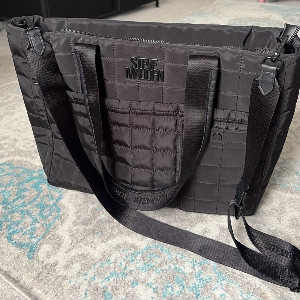 Steve Madden Tote Bag Black Quilted Lightweight Large Travel Carry On Handbag